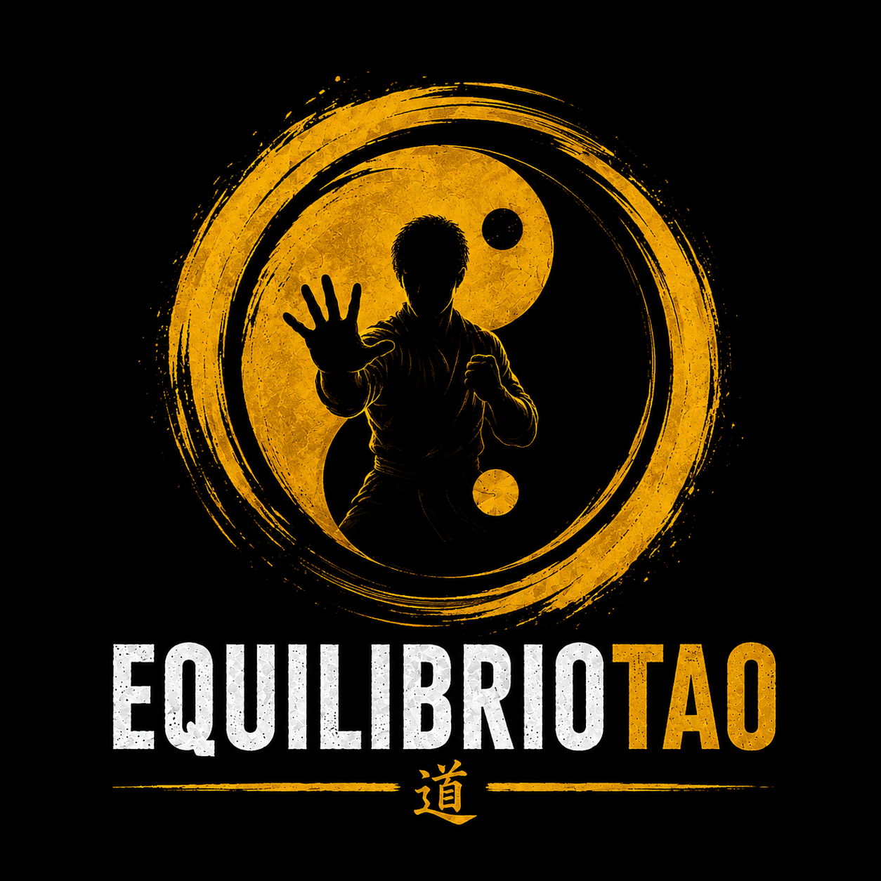 Emblema de Equilibrio Tao: un artista marcial y el yin y el yang en dorado